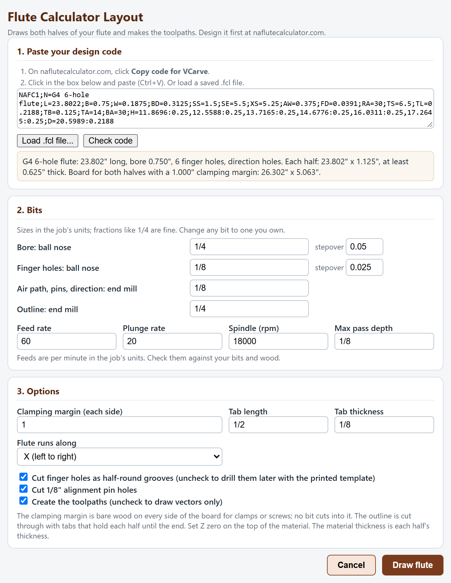 The Flute Calculator gadget dialog with a pasted design code, the bit settings and the options